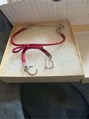 Dior Pink Leather Bow Bracelet with Silver C & D Charms